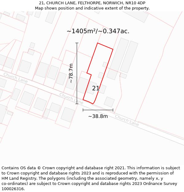 21, CHURCH LANE, FELTHORPE, NORWICH, NR10 4DP: Plot and title map