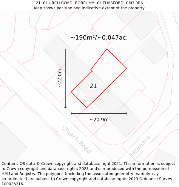 21, CHURCH ROAD, BOREHAM, CHELMSFORD, CM3 3BN: Plot and title map