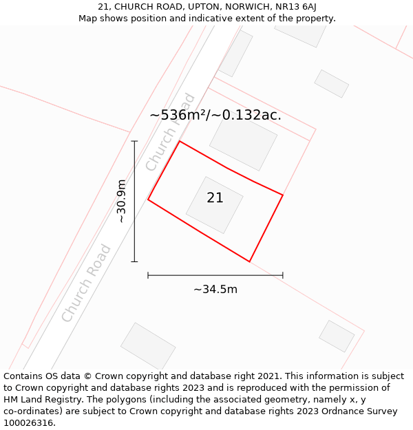 21, CHURCH ROAD, UPTON, NORWICH, NR13 6AJ: Plot and title map