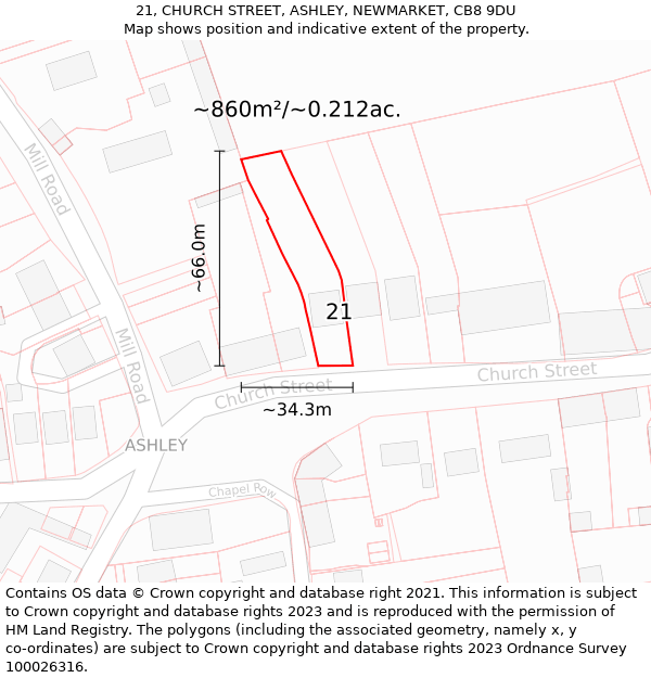 21, CHURCH STREET, ASHLEY, NEWMARKET, CB8 9DU: Plot and title map