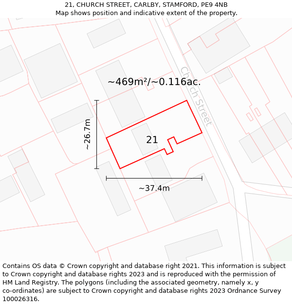 21, CHURCH STREET, CARLBY, STAMFORD, PE9 4NB: Plot and title map