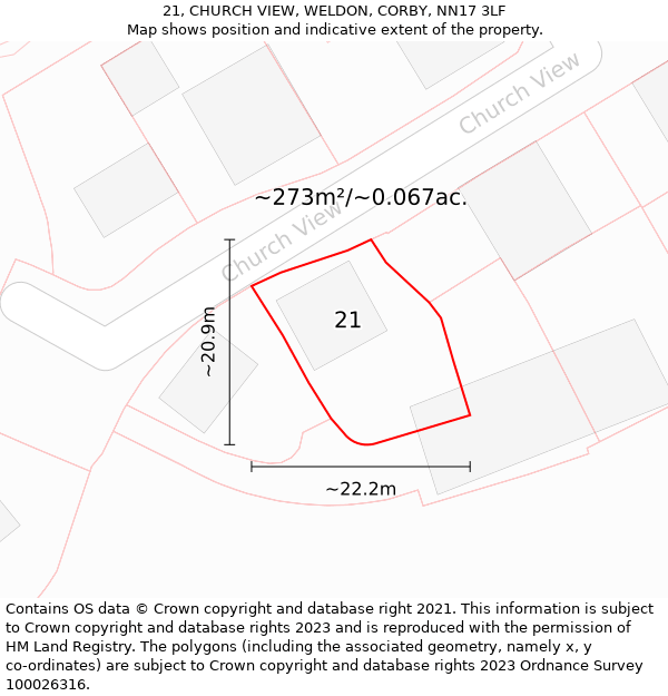 21, CHURCH VIEW, WELDON, CORBY, NN17 3LF: Plot and title map