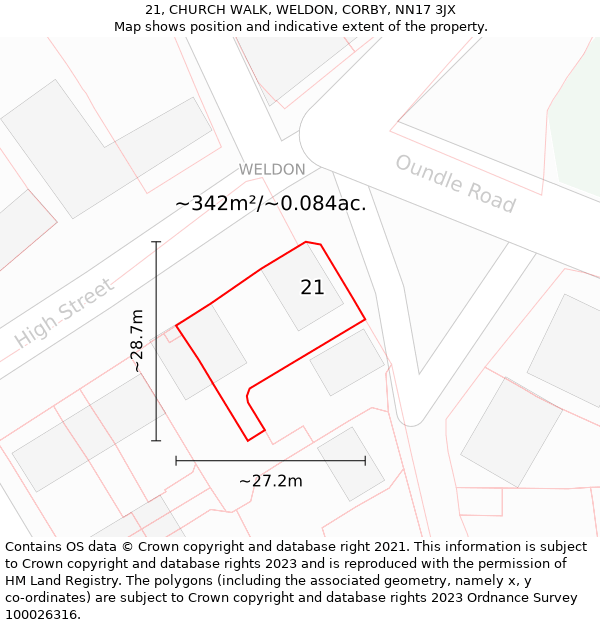 21, CHURCH WALK, WELDON, CORBY, NN17 3JX: Plot and title map