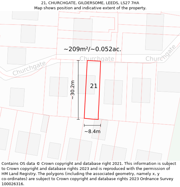 21, CHURCHGATE, GILDERSOME, LEEDS, LS27 7HA: Plot and title map