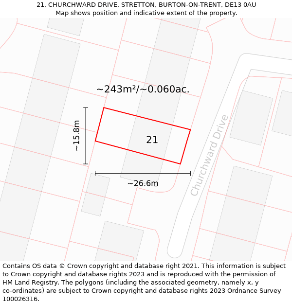 21, CHURCHWARD DRIVE, STRETTON, BURTON-ON-TRENT, DE13 0AU: Plot and title map