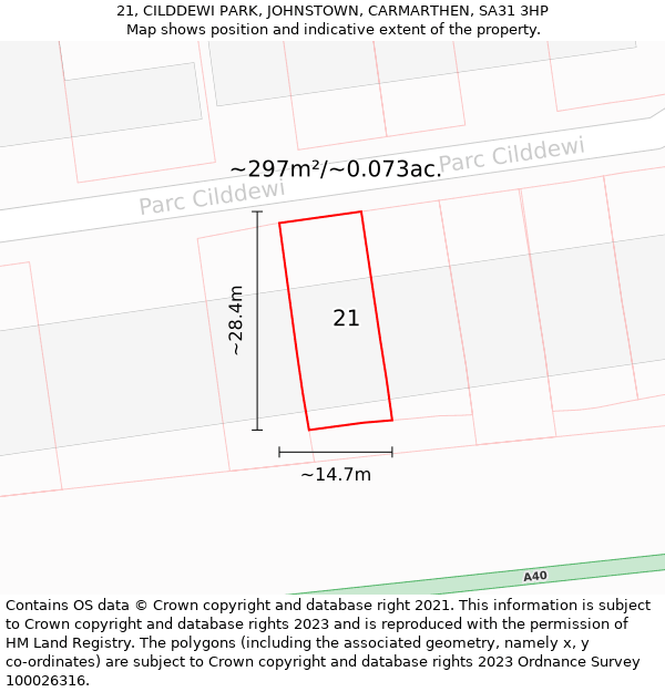 21, CILDDEWI PARK, JOHNSTOWN, CARMARTHEN, SA31 3HP: Plot and title map