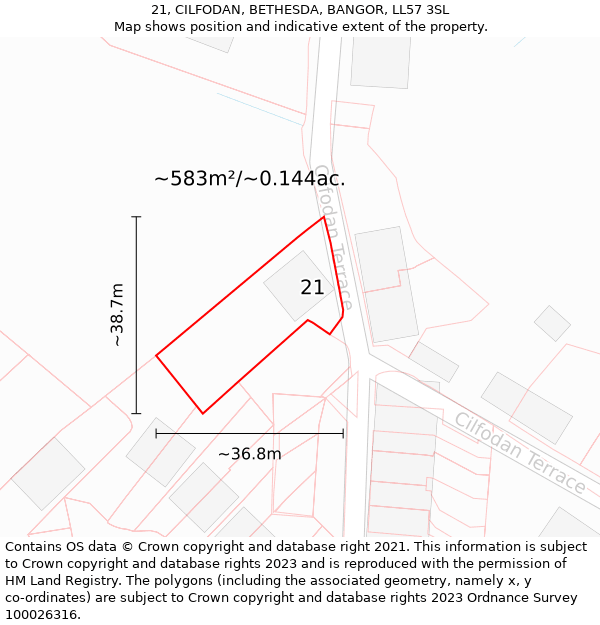 21, CILFODAN, BETHESDA, BANGOR, LL57 3SL: Plot and title map