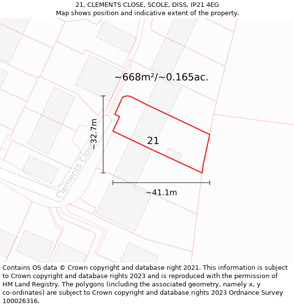 21, CLEMENTS CLOSE, SCOLE, DISS, IP21 4EG: Plot and title map