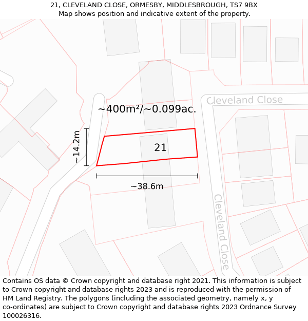 21, CLEVELAND CLOSE, ORMESBY, MIDDLESBROUGH, TS7 9BX: Plot and title map