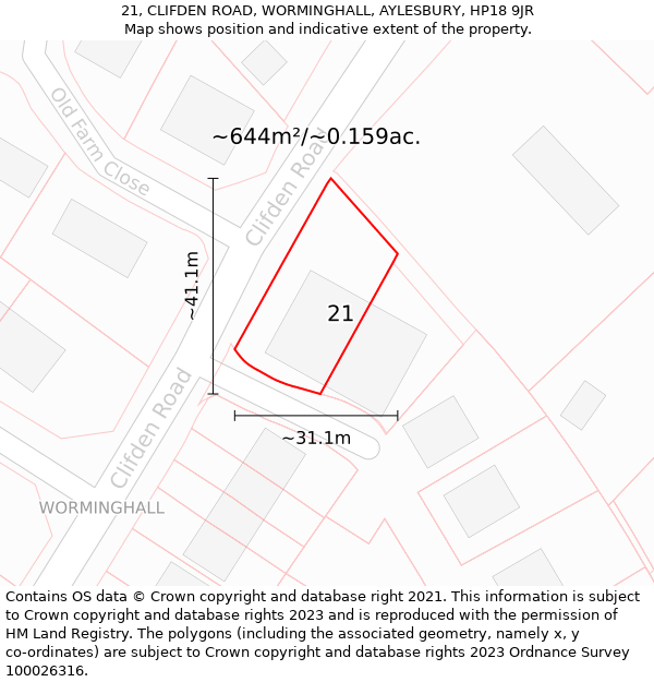 21, CLIFDEN ROAD, WORMINGHALL, AYLESBURY, HP18 9JR: Plot and title map