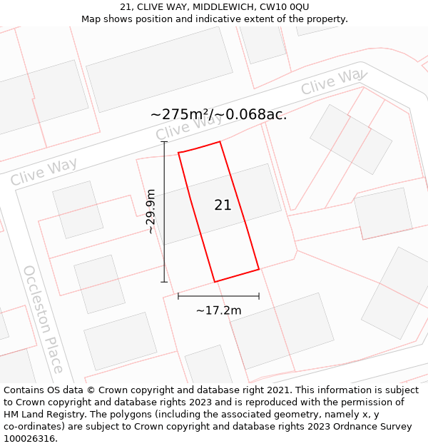 21, CLIVE WAY, MIDDLEWICH, CW10 0QU: Plot and title map