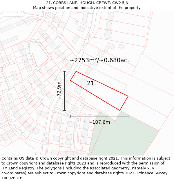 21, COBBS LANE, HOUGH, CREWE, CW2 5JN: Plot and title map