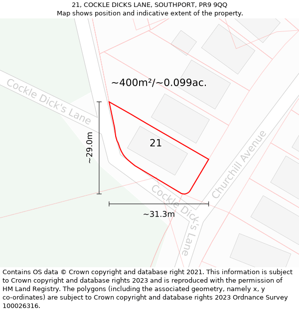 21, COCKLE DICKS LANE, SOUTHPORT, PR9 9QQ: Plot and title map