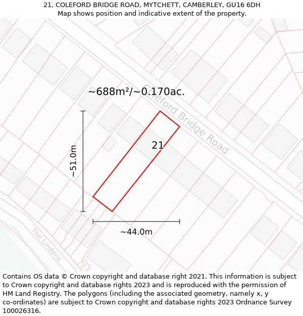 21, COLEFORD BRIDGE ROAD, MYTCHETT, CAMBERLEY, GU16 6DH: Plot and title map
