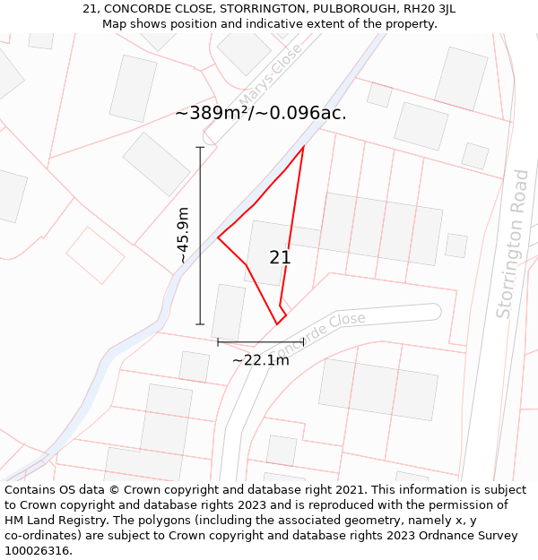 21, CONCORDE CLOSE, STORRINGTON, PULBOROUGH, RH20 3JL: Plot and title map