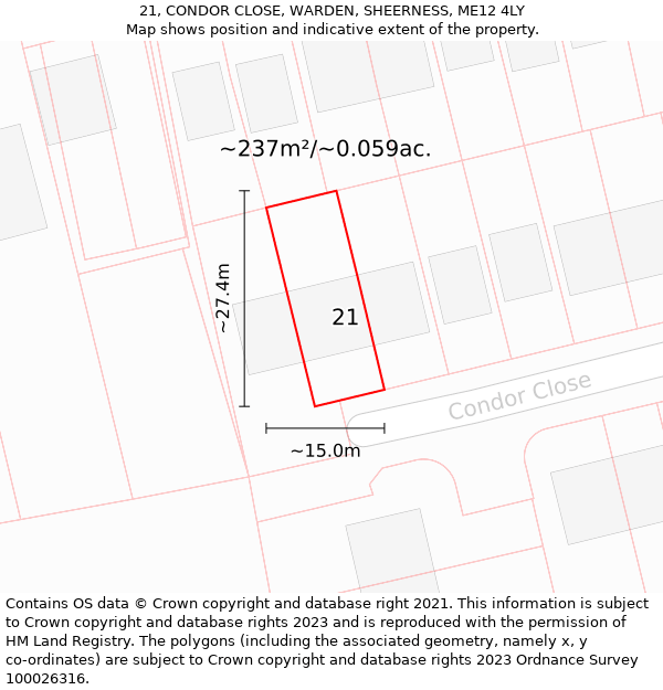 21, CONDOR CLOSE, WARDEN, SHEERNESS, ME12 4LY: Plot and title map