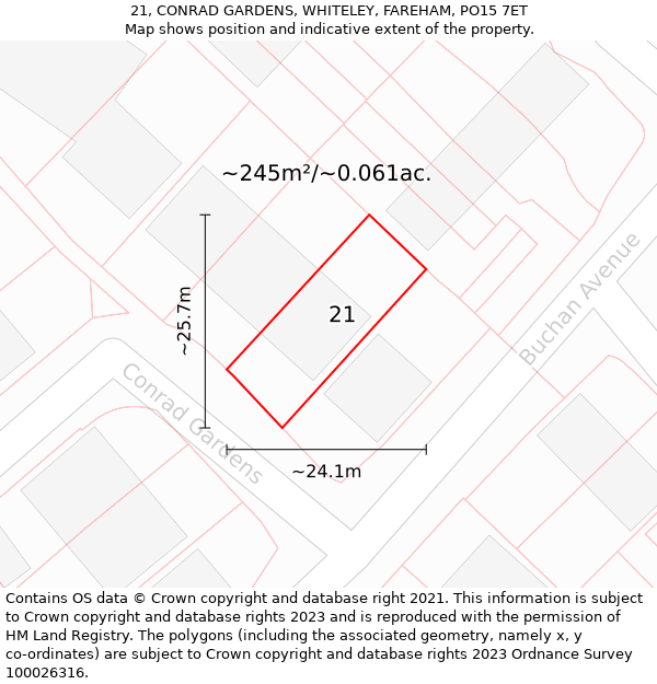 21, CONRAD GARDENS, WHITELEY, FAREHAM, PO15 7ET: Plot and title map