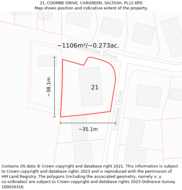 21, COOMBE DRIVE, CARGREEN, SALTASH, PL12 6PD: Plot and title map