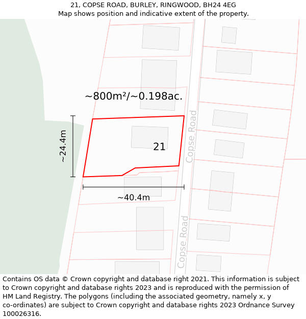 21, COPSE ROAD, BURLEY, RINGWOOD, BH24 4EG: Plot and title map