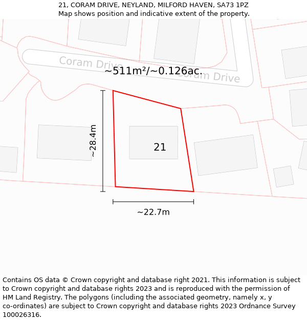 21, CORAM DRIVE, NEYLAND, MILFORD HAVEN, SA73 1PZ: Plot and title map