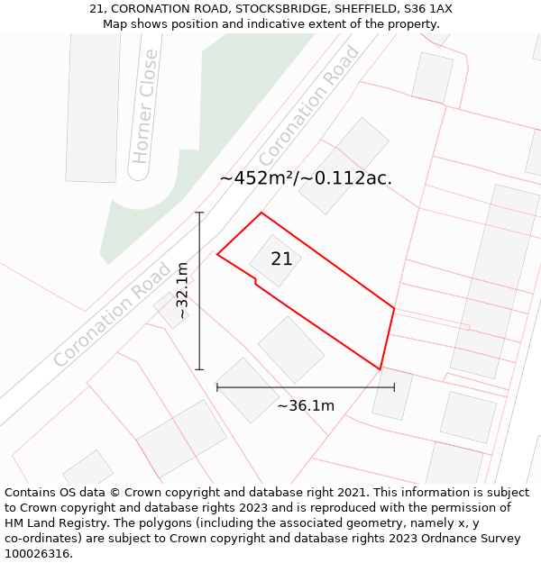 21, CORONATION ROAD, STOCKSBRIDGE, SHEFFIELD, S36 1AX: Plot and title map