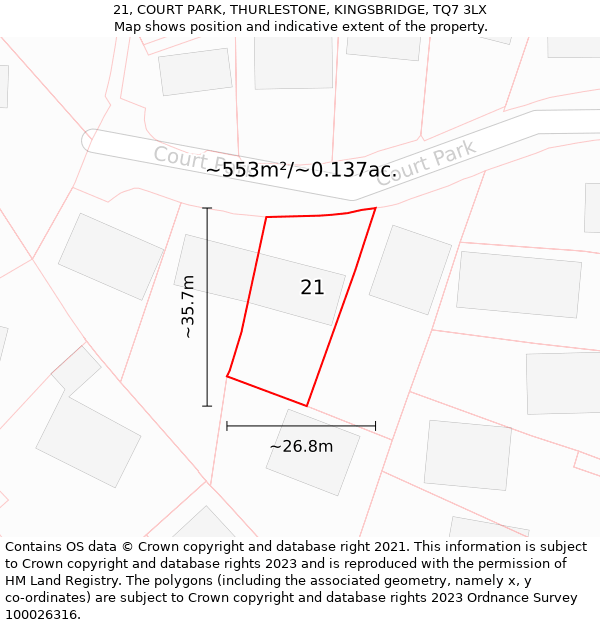 21, COURT PARK, THURLESTONE, KINGSBRIDGE, TQ7 3LX: Plot and title map