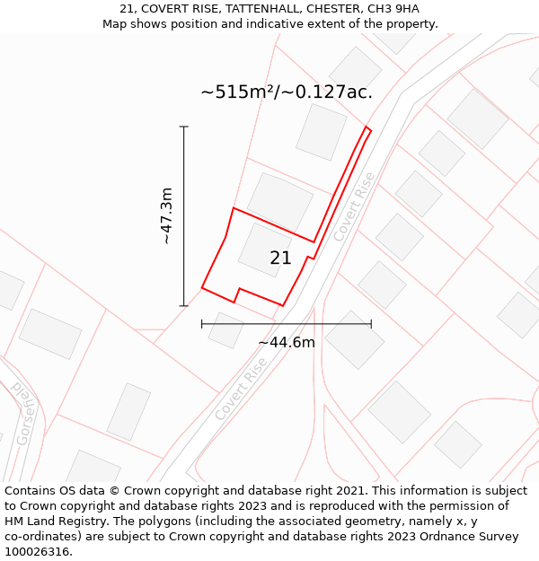 21, COVERT RISE, TATTENHALL, CHESTER, CH3 9HA: Plot and title map