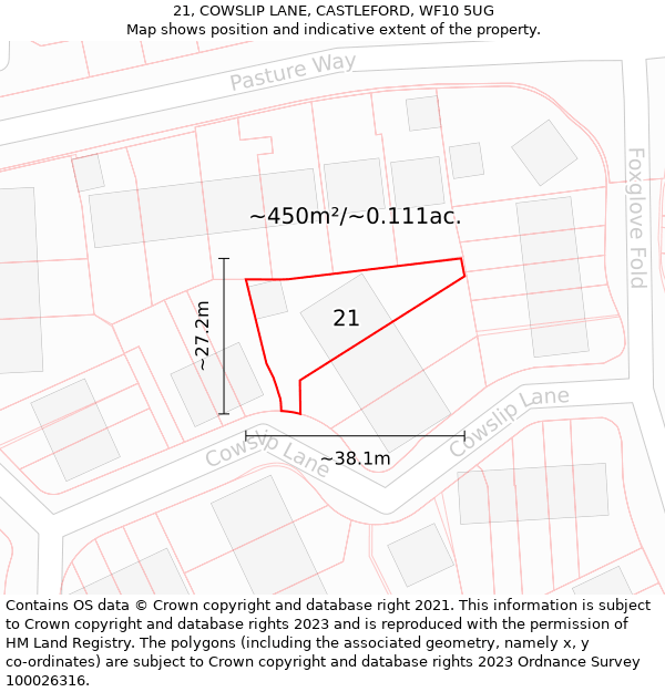 21, COWSLIP LANE, CASTLEFORD, WF10 5UG: Plot and title map