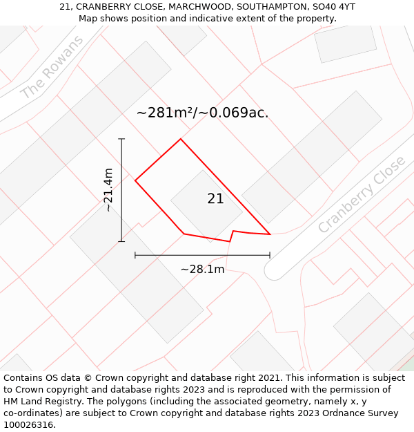 21, CRANBERRY CLOSE, MARCHWOOD, SOUTHAMPTON, SO40 4YT: Plot and title map