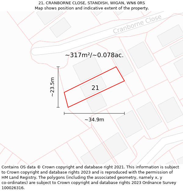 21, CRANBORNE CLOSE, STANDISH, WIGAN, WN6 0RS: Plot and title map