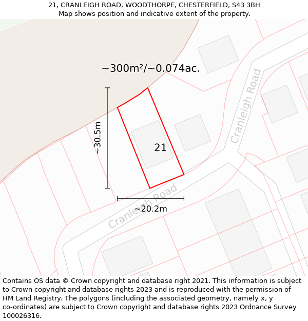 21, CRANLEIGH ROAD, WOODTHORPE, CHESTERFIELD, S43 3BH: Plot and title map