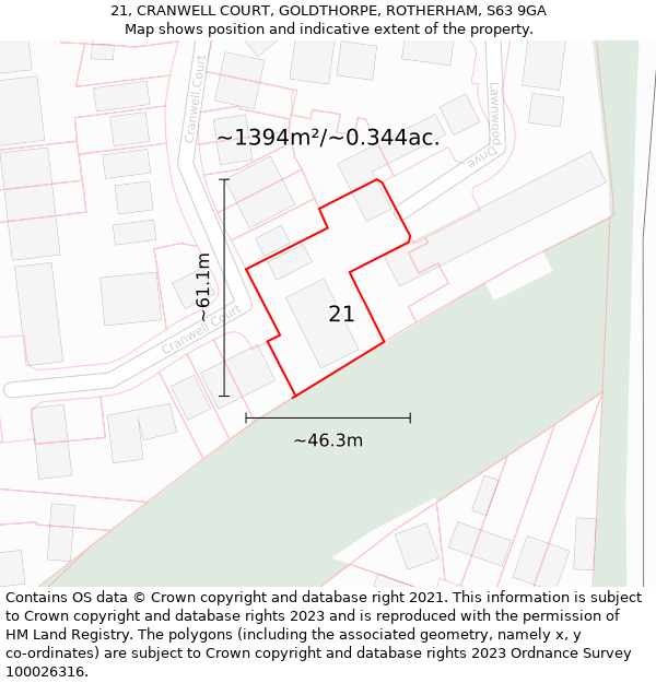 21, CRANWELL COURT, GOLDTHORPE, ROTHERHAM, S63 9GA: Plot and title map