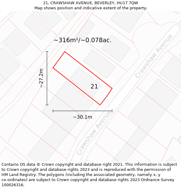 21, CRAWSHAW AVENUE, BEVERLEY, HU17 7QW: Plot and title map