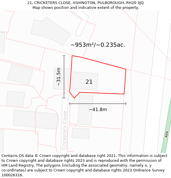 21, CRICKETERS CLOSE, ASHINGTON, PULBOROUGH, RH20 3JQ: Plot and title map