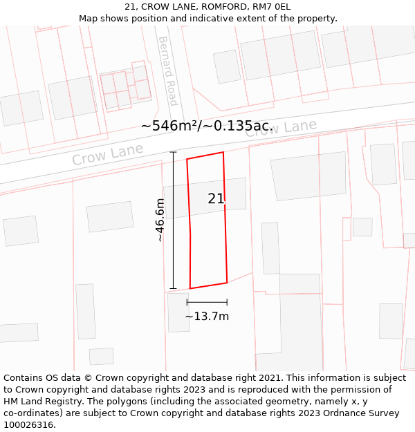 21, CROW LANE, ROMFORD, RM7 0EL: Plot and title map