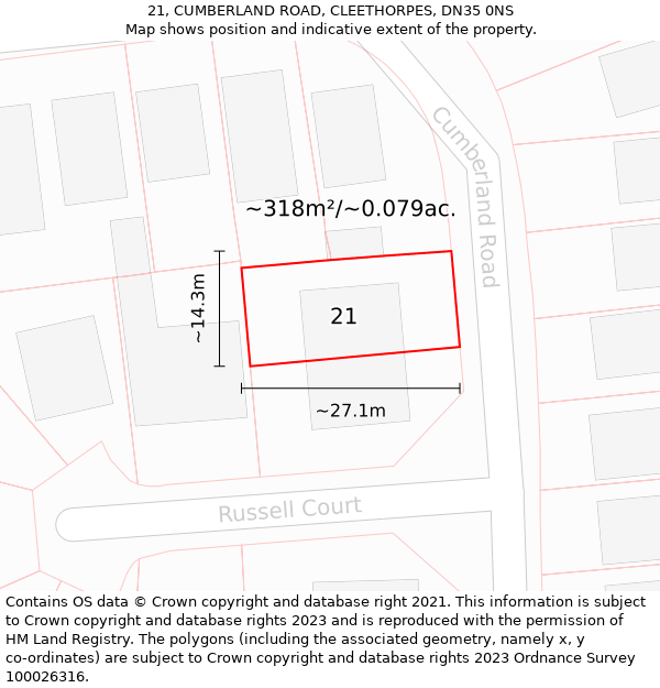 21, CUMBERLAND ROAD, CLEETHORPES, DN35 0NS: Plot and title map