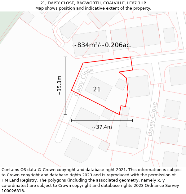 21, DAISY CLOSE, BAGWORTH, COALVILLE, LE67 1HP: Plot and title map