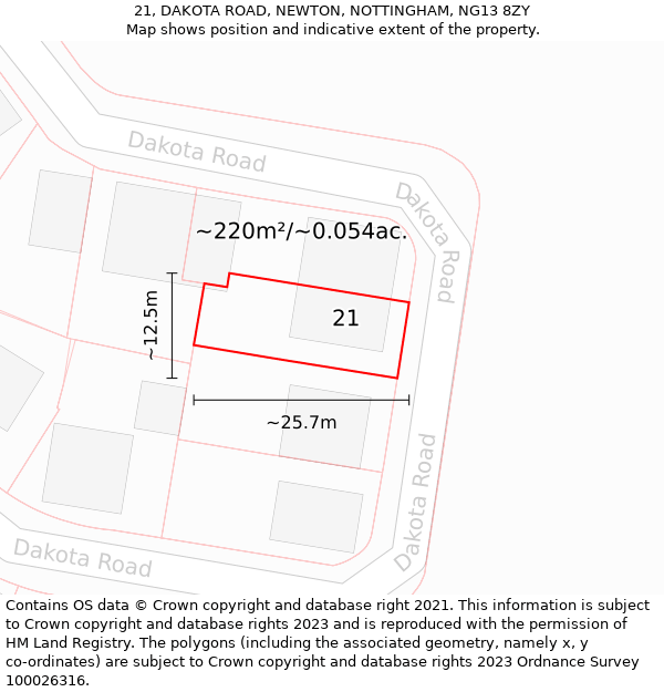 21, DAKOTA ROAD, NEWTON, NOTTINGHAM, NG13 8ZY: Plot and title map