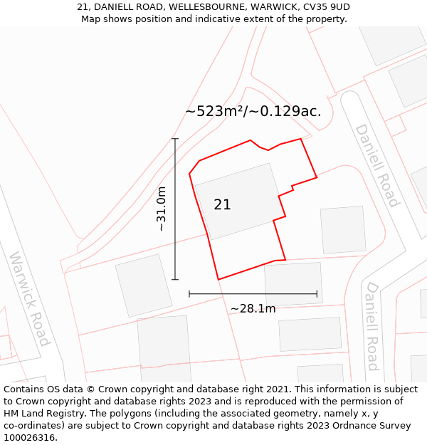 21, DANIELL ROAD, WELLESBOURNE, WARWICK, CV35 9UD: Plot and title map