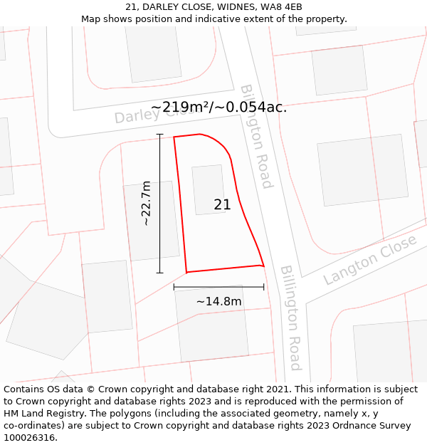 21, DARLEY CLOSE, WIDNES, WA8 4EB: Plot and title map