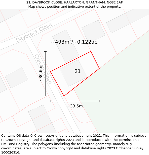 21, DAYBROOK CLOSE, HARLAXTON, GRANTHAM, NG32 1AF: Plot and title map