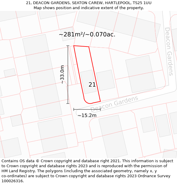 21, DEACON GARDENS, SEATON CAREW, HARTLEPOOL, TS25 1UU: Plot and title map