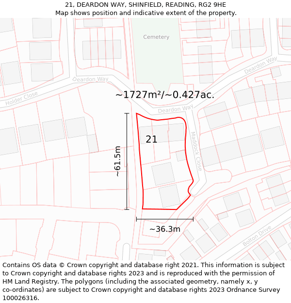 21, DEARDON WAY, SHINFIELD, READING, RG2 9HE: Plot and title map