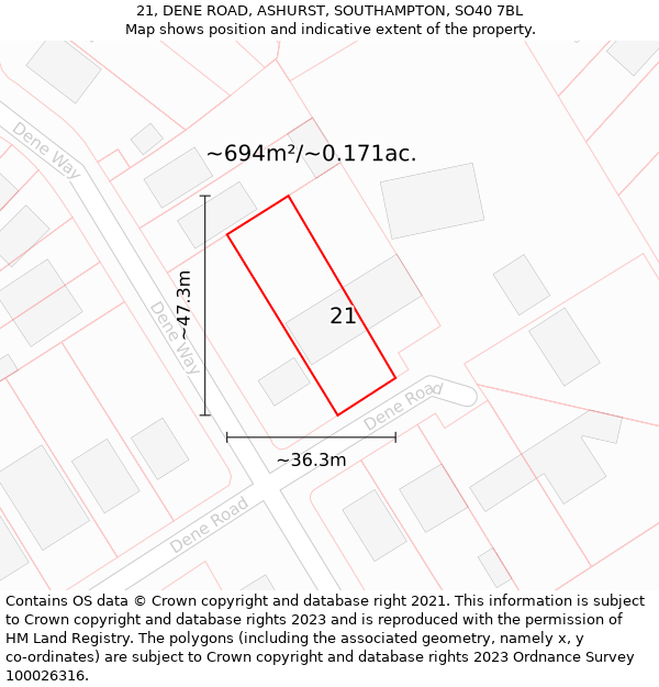 21, DENE ROAD, ASHURST, SOUTHAMPTON, SO40 7BL: Plot and title map