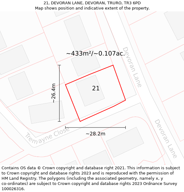 21, DEVORAN LANE, DEVORAN, TRURO, TR3 6PD: Plot and title map