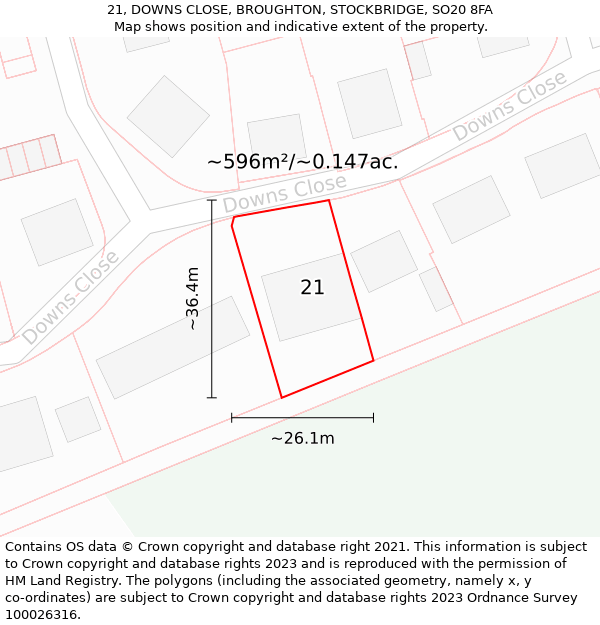 21, DOWNS CLOSE, BROUGHTON, STOCKBRIDGE, SO20 8FA: Plot and title map