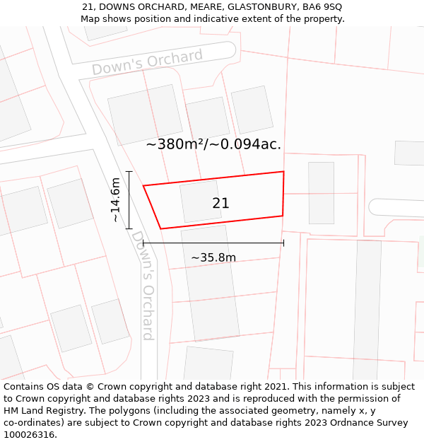21, DOWNS ORCHARD, MEARE, GLASTONBURY, BA6 9SQ: Plot and title map