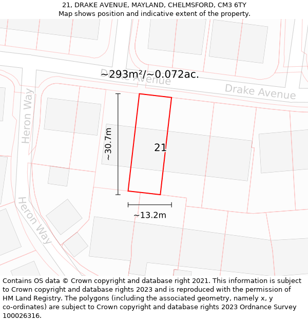 21, DRAKE AVENUE, MAYLAND, CHELMSFORD, CM3 6TY: Plot and title map