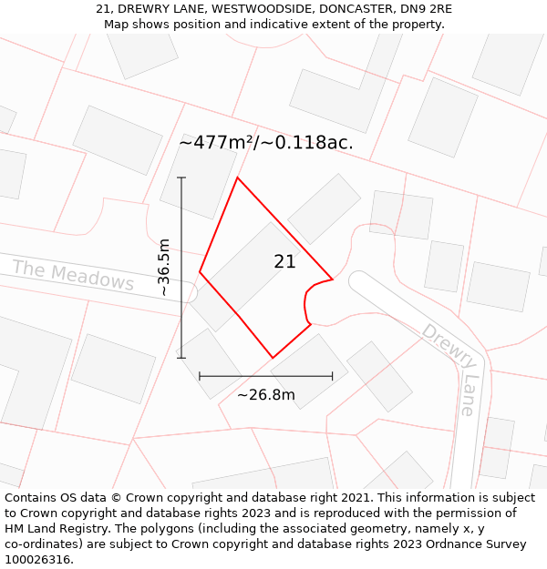 21, DREWRY LANE, WESTWOODSIDE, DONCASTER, DN9 2RE: Plot and title map