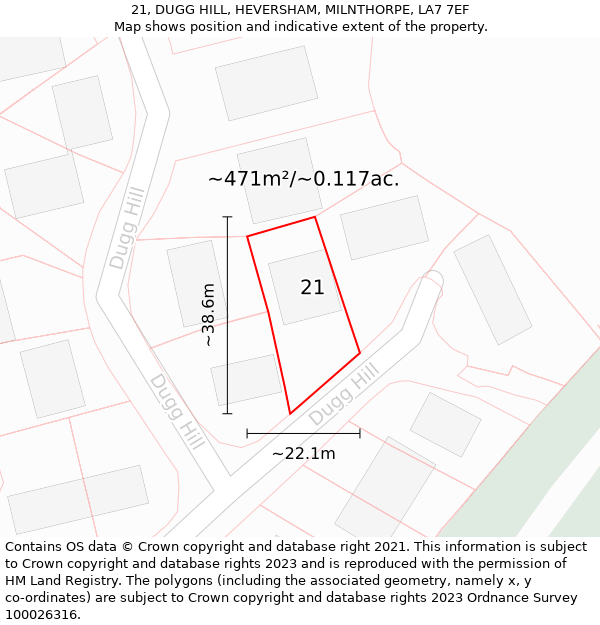 21, DUGG HILL, HEVERSHAM, MILNTHORPE, LA7 7EF: Plot and title map